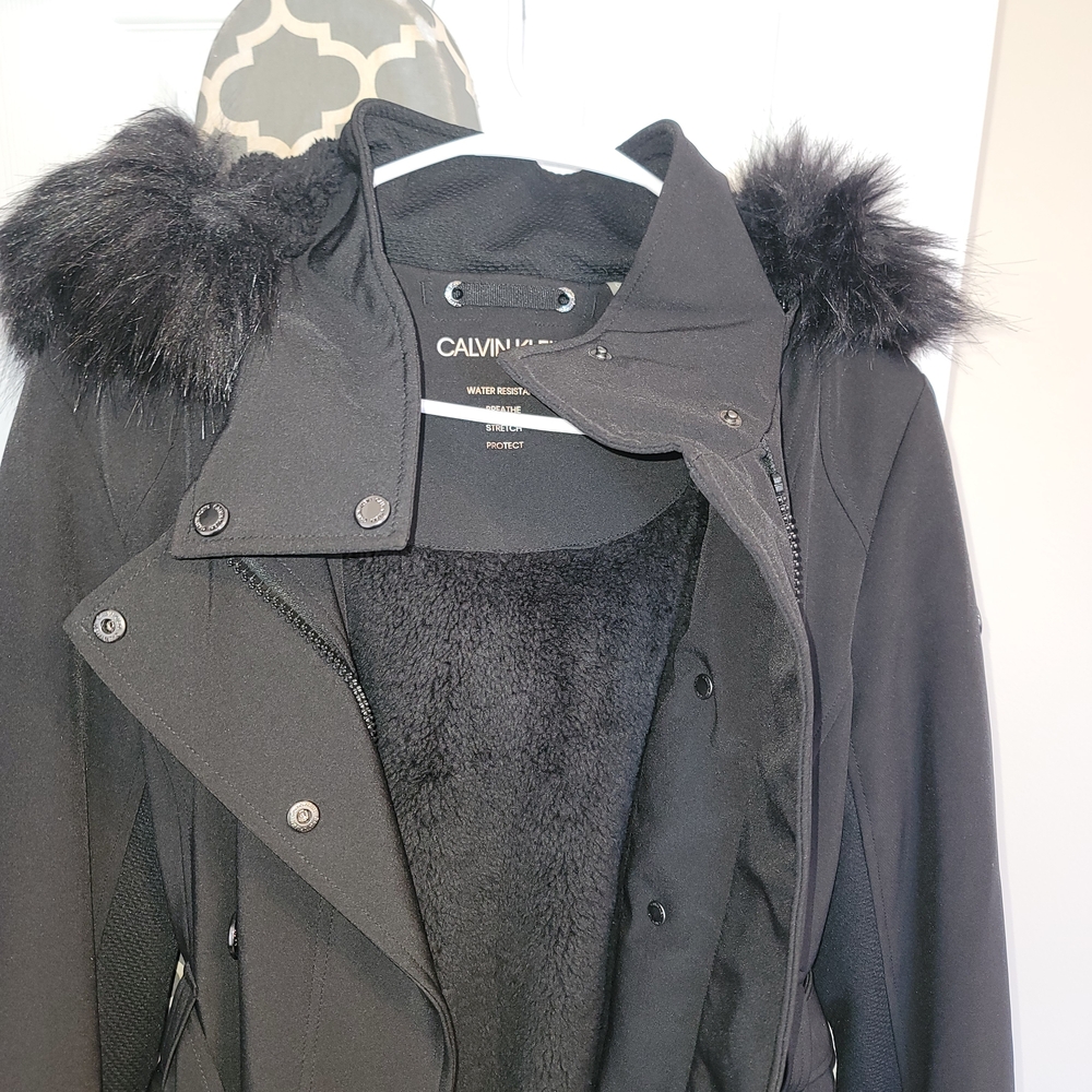 Calvin Klein Women's Black Fur-Trimmed Coat